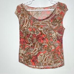 Roz & Ali Women’s Chiffon Paisley Tank Top M Coral Brown Sleeveless Cowl Neck